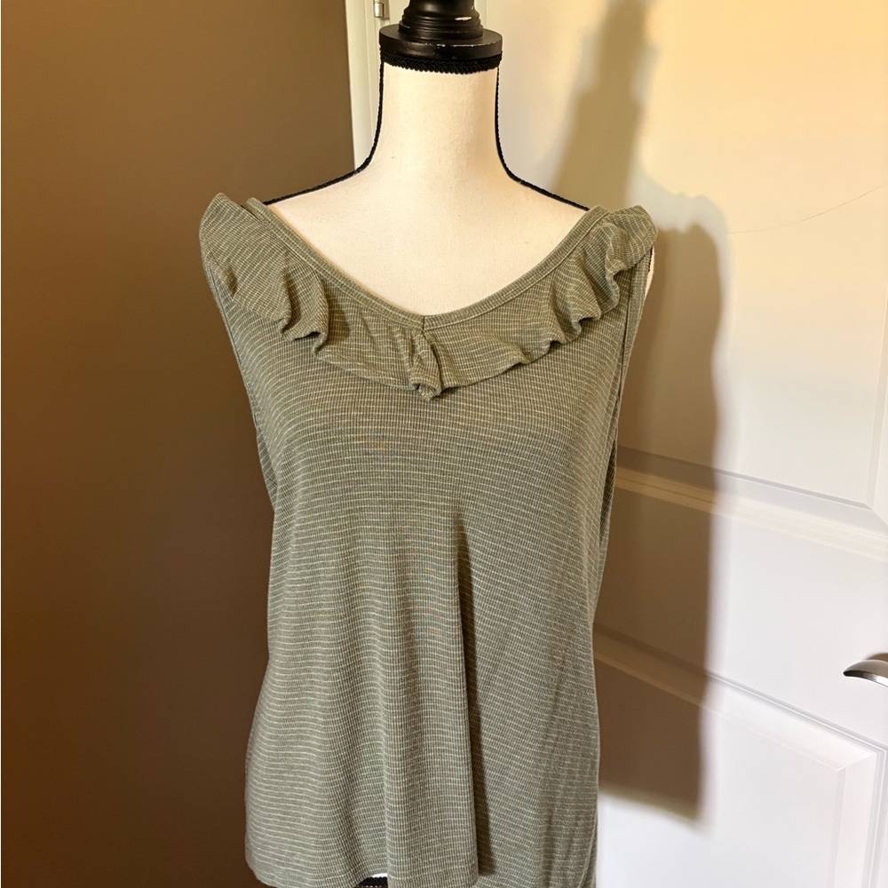 CAbi “Wink Tank” Olive Green Ruffled Tank Top